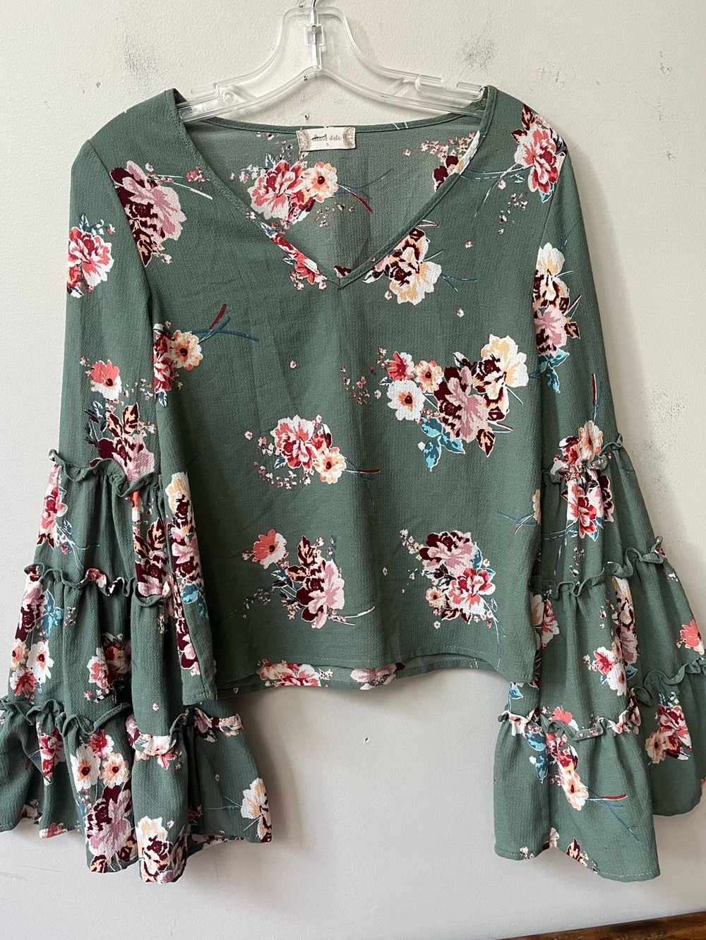 Altar'd State Olive Green Floral Ruffle Bell Sleeve Blouse Womens Small